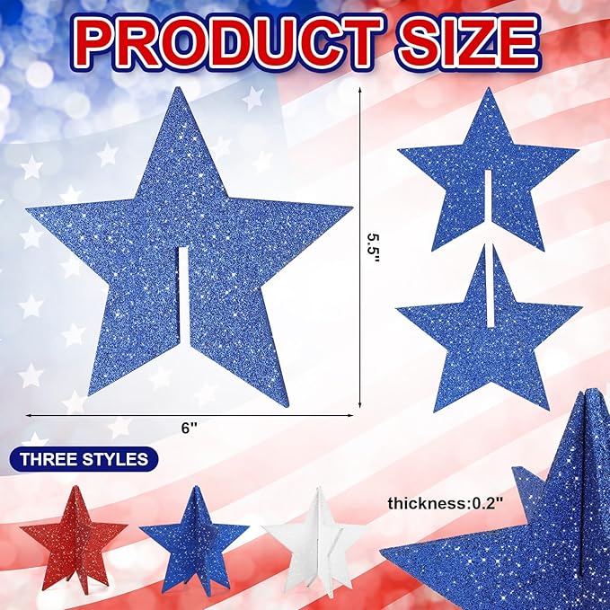 COCHIE 6 Inch Labor Day Decorations Wooden Stars Set, 3D Glitter Star Memorial Day Tiered Tray Decor, 4th of July Red White Blue Patriotic Decoration for Home Table Desk Door Shelf (Solid, 3 Pcs)