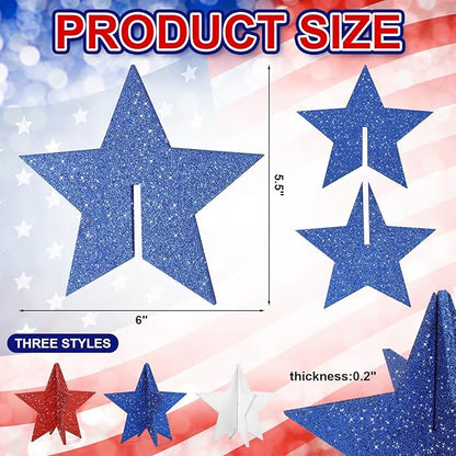 COCHIE 6 Inch Labor Day Decorations Wooden Stars Set, 3D Glitter Star Memorial Day Tiered Tray Decor, 4th of July Red White Blue Patriotic Decoration for Home Table Desk Door Shelf (Solid, 3 Pcs)