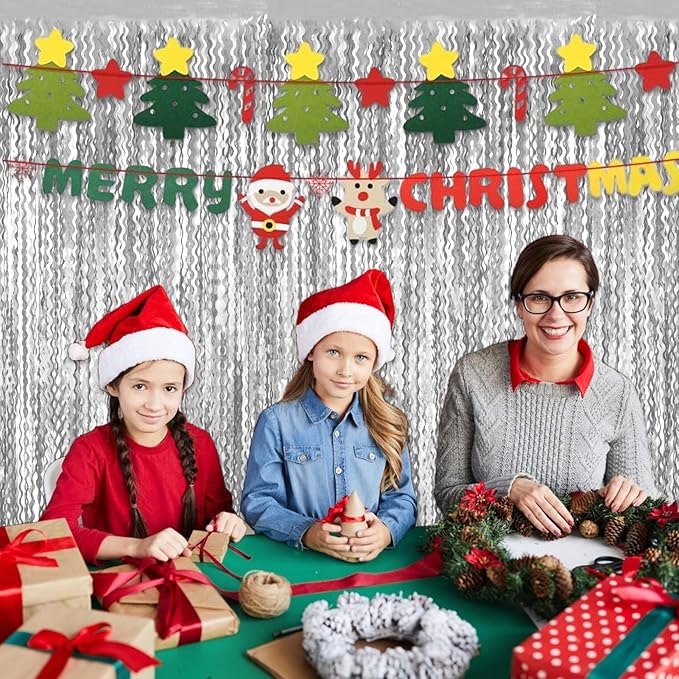4 Pack Silver Fringe Curtain Backdrop 3.2Ft x 8.2Ft Metallic Tinsel Foil Fringe Streamers Background for Photo Booth Mother's Day, Easter, Carnival, Birthday, Wedding Party Decoration