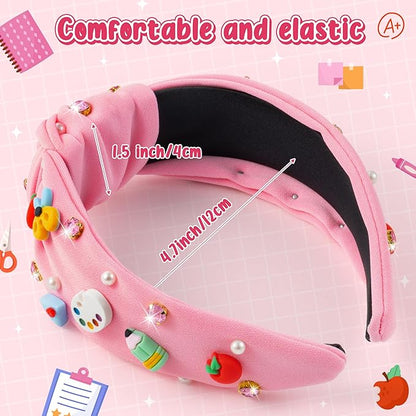 PANTIDE Teacher Jeweled Knotted Headband - Christmas Gift Apple Pencil Rhinestone Pearl Embellished Headband Wide Top Knot Hair Accessories Teacher Appreciation Birthday for Women Girls (Pink)