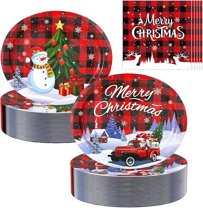 100Pcs Christmas Oval Paper Plates and Napkins -10" x 12" Large Disposable Party Plates, Christmas Party Supplies Dinnerware Set