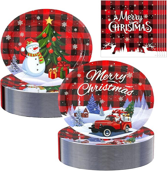 100Pcs Christmas Oval Paper Plates and Napkins -10" x 12" Large Disposable Party Plates, Christmas Party Supplies Dinnerware Set