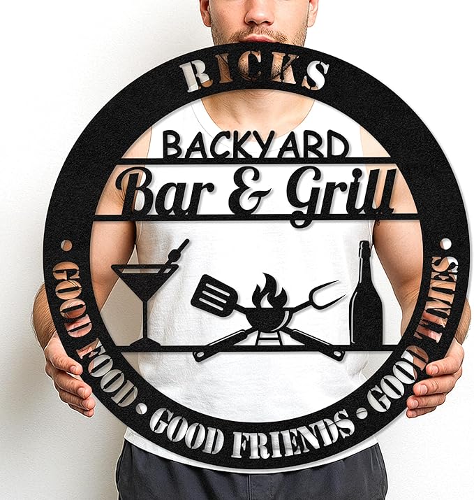 Personalized BBQ Cut Metal Sign, Custom Name Grill Wall Art for Backyard and Patio, Rustic Outdoor Kitchen Barbecue Decor