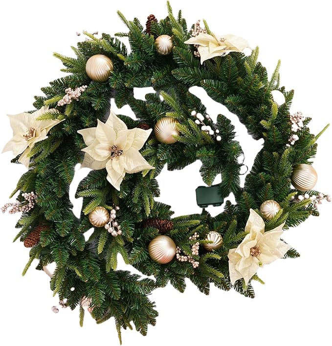 Pre-lit 9 FT LED Christmas Garland with Gold Flower and Berries, Multi-Function Christmas Garland with 50 Warm White LED Lights for Mantle Fireplace Staircase Porch Decor