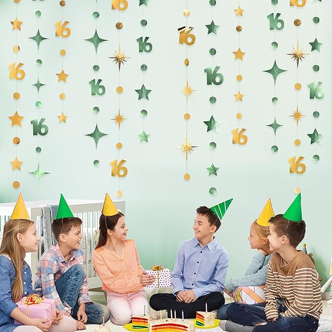 Sage Green Gold Number 16 Circle Dot Twinkle Star Garland Streamer Bunting Banner Backdrop Decorations for Girls Happy 16th Birthday Sweet Sixteen 16th Anniversary Cheers to 16 Years Party Decor