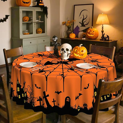 Eikione Round Halloween 60In Tablecloth, Haunted House Decorative Table Cloth, Waterproof and Washable Fabric Table Cover for Party Kitchen Dining Room