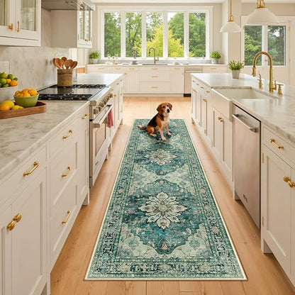 Area Rugs 2'6''x8' Runner Rug Non Slip Washable for Kitchen Hallway Bedroom Beside Laundry Room Bathroom Rug, Floor Carpet, Dark Blue Vintage