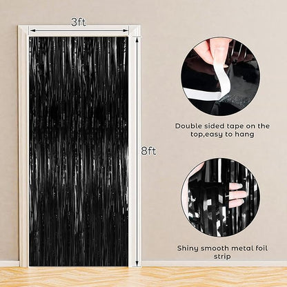 BTSD-home Black Foil Fringe Curtain, Metallic Photo Booth Backdrop Tinsel Door Curtains for Wedding Birthday Bridal Shower Baby Shower Bachelorette Christmas Party Decorations(4 Pack, 12ft x 8ft)