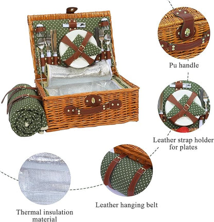Picnic Basket for 4 Persons with Waterproof Picnic Blanket and Insulated Cooler, Large Wicker Picnic Basket for Camping, Outdoors, Valentine's Day, Christmas, Birthday, Wedding Gift