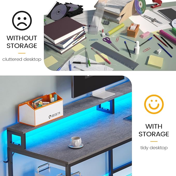 SEDETA L Shaped Desk, 66" Home Office Desk with Wood File Drawer & Power Outlet, Gaming Desk with Led Lights, Corner Computer Desk with Monitor Shelf, Printer Storage Shelves, Two Person Desk, Grey
