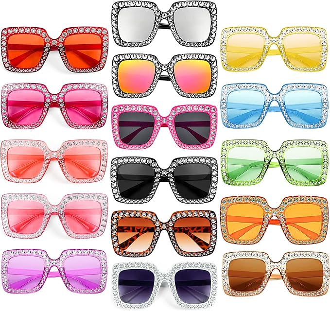Pibupibu 4/8/16 Pack Colorful Bling Crystal Sunglasses Oversized Square Glitter Rhinestone Sunglasses for Women Party Favors