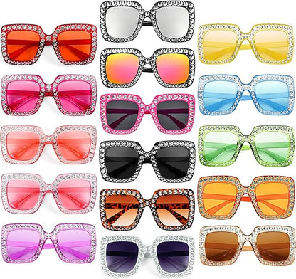 Pibupibu 4/8/16 Pack Colorful Bling Crystal Sunglasses Oversized Square Glitter Rhinestone Sunglasses for Women Party Favors