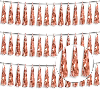 3P Metallic Fringe Tassel Banner Garland Foil Tinsel Streamer Wall Hanging Curtain Backdrop Banner for Parade Floats,Graduation Decorations, Wedding Party Decoration(Rose Gold)