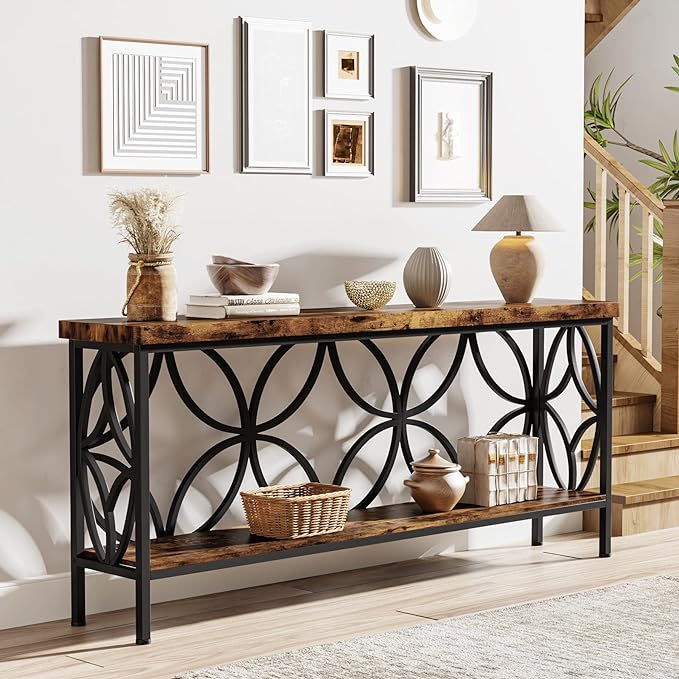 Tribesigns 70.9-Inch Narrow Sofa Table, Industrial Long Sofa Table Behind Couch, Entry Console Table with Storage for Entryway, Living Room, Foyer, Unique Design, Rustic Brown | Narrow, Industrial, Long, Entry Console Table, with Storage