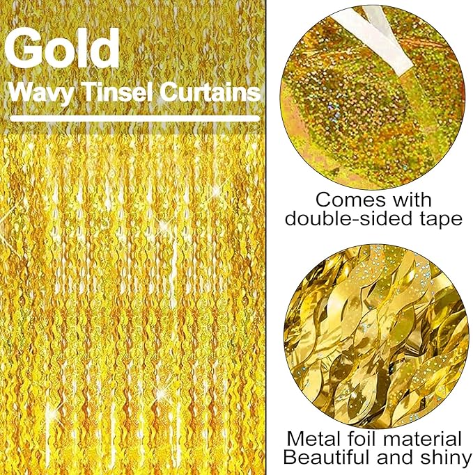 4 Pack Gold Fringe Curtain Backdrop 3.2Ft x 8.2Ft Metallic Tinsel Foil Fringe Streamers Background for Photo Booth, Easter, Mother's Day, Bachelorette, Wedding, Birthday Party Decoration