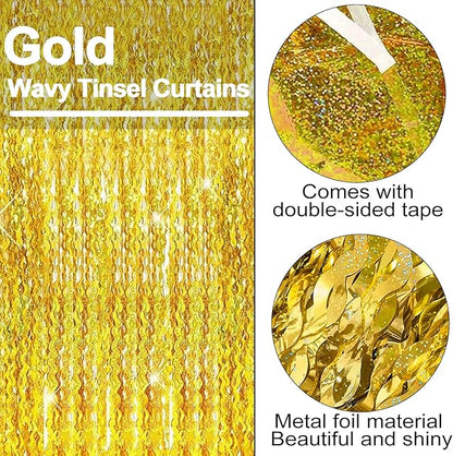 4 Pack Gold Fringe Curtain Backdrop 3.2Ft x 8.2Ft Metallic Tinsel Foil Fringe Streamers Background for Photo Booth, Easter, Mother's Day, Bachelorette, Wedding, Birthday Party Decoration