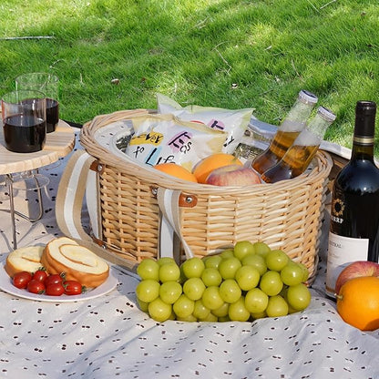 Picnic Basket Set for 4 - Wicker Insulated Picnic Basket with Folding Wine Table, Wine Picnic Kit with Liner for Couples, Camping, Outdoor, Valentine (Cherry)