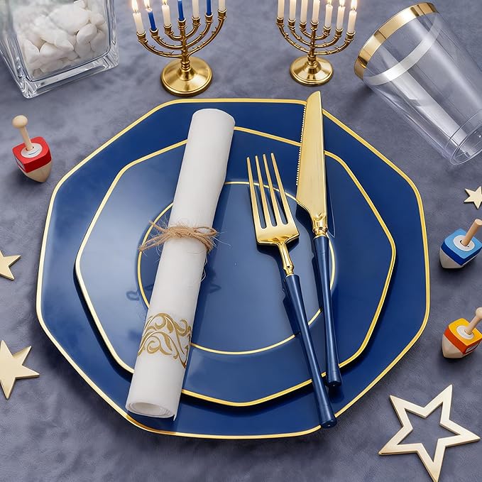 KIRE 140Pcs Blue Plastic Plates with Gold Rim - Gold Disposable Plastic Silverware with Blue Handle&Clear Cups&Hand Napkin - Geometric Party Plates for Hanukkah/Holiday/Party