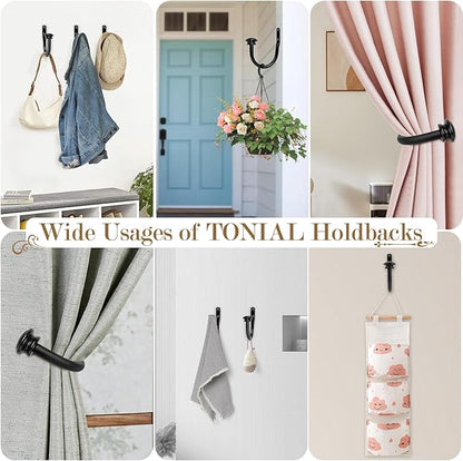 TONIAL Curtain Holdbacks 2 Pack, Decorative Window Drapery Tiebacks for Wall with Small Finials (1 Pair/2 Pack), Black