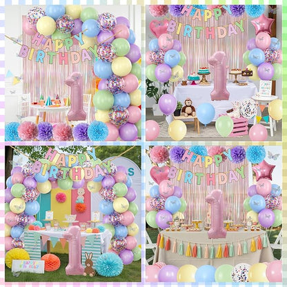 Pastel 1st Birthday Party Decorations for Girls Number 1 Balloon Happy Birthday Banner Butterfly Stickers Fringe Curtain Paper Pom Poms Macaron Pink Star Foil Colorful Balloons Baby 1 Year Old Decor