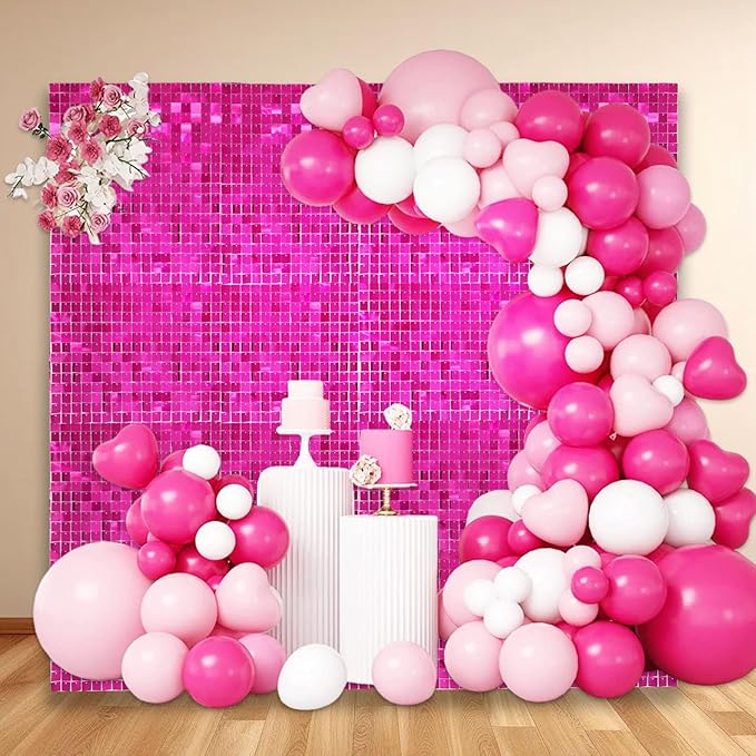 48 PCS Fuchsia Shimmer Wall Backdrop, Square Sequin Photo Backdrops Panel, Glitter Wall Background for Birthdays, Weddings, Christmas, Engagements, Disco Bachelorette Party Decoration (6FTx8FT)