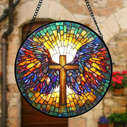 Stained Glass Window Hanging - Jesus Cross Wings Suncatcher Ready to Hang Window Doors Home Decoration and Christmas, Mother's Day Birthday Gifts for Women, Men, and Mom 9.8x9.8 in