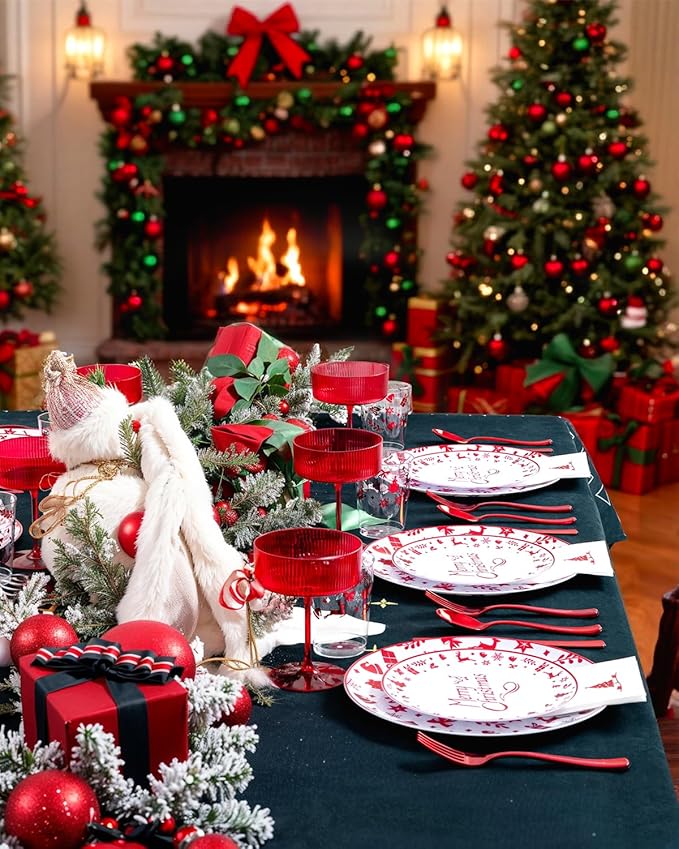 Ciaell 175PCS Christmas Plastic Plates - Red Plastic Plates - Christmas Disposable Dinnerware Sets Include 50Plates, 75Silverware, 25 Cups and 25Napkins for Xmas Parties