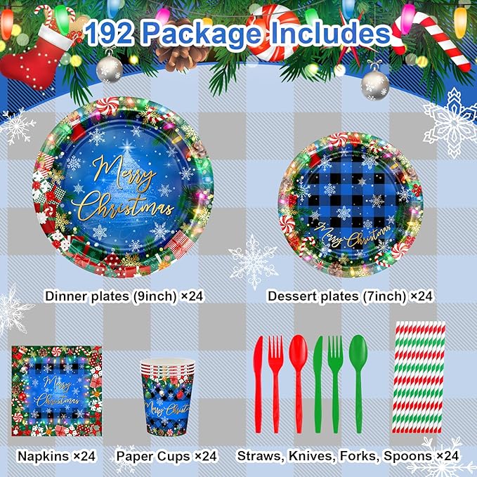 Avezano 192 Pcs Christmas Paper Plates and Napkins Merry Chirstmas Party Tableware Decorations Plaid Christmas Tree Disposable Dinnerware Set Serve 24 (Blue)