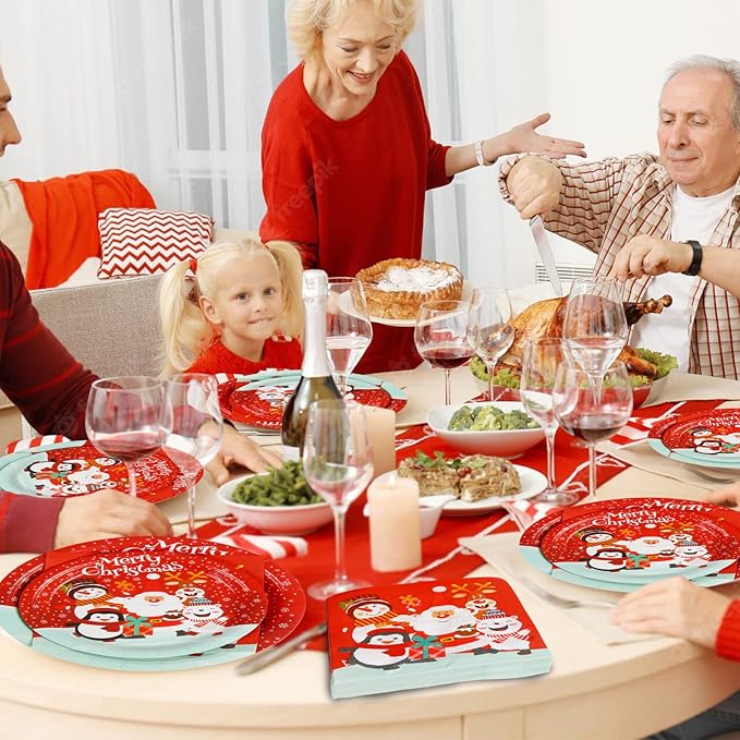 CCINEE Christmas Party Supplies Paper Plates, 96pcs Table Decorations Christmas Disposable Dinnerware Set Includes Paper Plates Napkins Cup Serves 24 for Xmas Holiday Party Supplies
