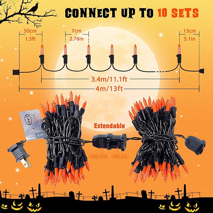 HEYFUNi Orange Halloween Lights,13ft 50-Count Incandescent Halloween Mini String Lights with Black Wire, Orange Christmas Lights Waterproof for Outdoor,Indoor,Patio,Home,Fall,Party Decor