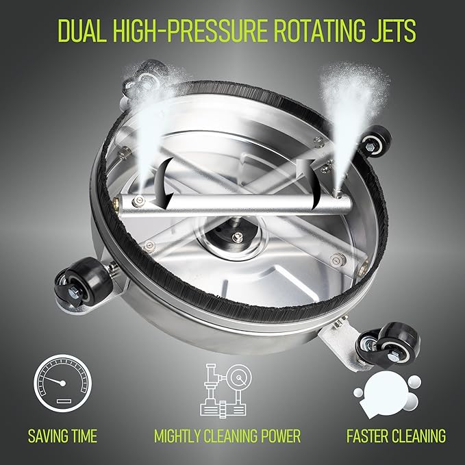 Hourleey 16" Pressure Washer Surface Cleaner, Stainless Steel Surface Cleaner with 4 Wheels for Concrete, Patio, Sidewalk, Deck, Pathway 1/4" Quick Connector, 2 Extension Wand, 4000 PSI