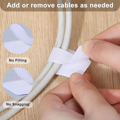100 Pcs Hook and Loop Cable Ties, Self Adhesive Cable Management Desktop Cable Straps, Adjustable Cord Organizer for Desk Home Office Organization (White)