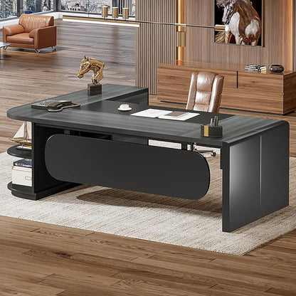 Tribesigns 80'' L-Shaped Desk, Large Executive Office Desk with 55'' Drawers Cabinet, Modern Commercial Office Table with Storage Shelves, Business Furniture for Home Office, Grey & Black