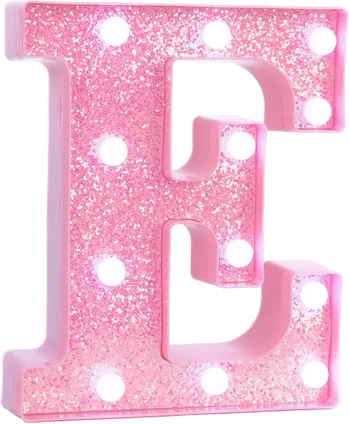 Pink LED Marquee Light Up Letters, Glitter Alphabet Letter Lights for Birthday Party Decorations, Battery Operated Letter Signs for Girls Room Table Decor, Pink letter E with Cool White Lights