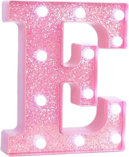Pink LED Marquee Light Up Letters, Glitter Alphabet Letter Lights for Birthday Party Decorations, Battery Operated Letter Signs for Girls Room Table Decor, Pink letter E with Cool White Lights