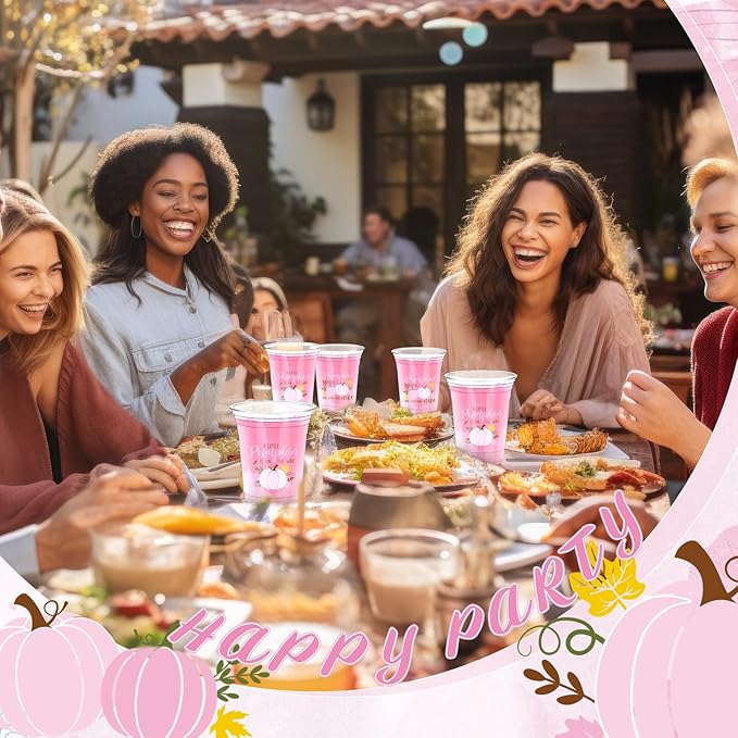 Meanplan 50 Pcs 12oz Thanksgiving Baby Shower Party Plastic Cups A Little Pumpkin is On The Way Disposable Clear Cups for Fall Autumn Baby Shower Gender Reveal Supplies Decorations(Pink)