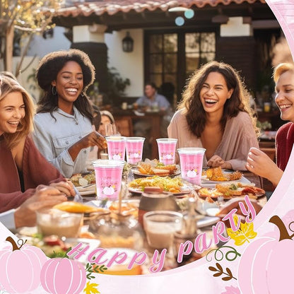 Meanplan 50 Pcs 12oz Thanksgiving Baby Shower Party Plastic Cups A Little Pumpkin is On The Way Disposable Clear Cups for Fall Autumn Baby Shower Gender Reveal Supplies Decorations(Pink)