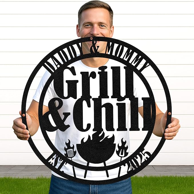 Personalized BBQ Hangout Metal Sign, Custom Grill Name Cut Wall Art for Outdoor Patio, Rustic Backyard Barbecue Decor