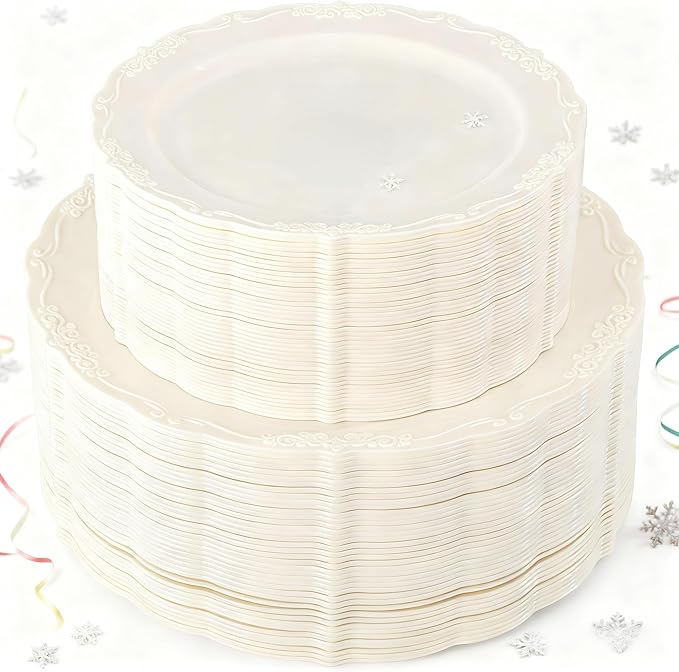 U-QE 100 Pieces Ivory Thanksgiving Plastic Plates for Party - Ivory Disposable Plastic Plates - Heavy Duty Disposable Platos Including 50 Dinner 10 '' & 50 Dessert 7.5 '' for Thanksgiving