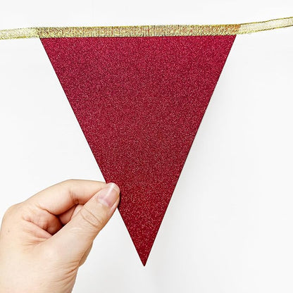 Maroon Gold Party Pennant Banner Flag Burgundy Champagne Gold Triangle Hanging Glitter Paper Bunting for Birthday Graduation Baby Shower Bridal Shower Wedding Bachelorette Engagement Party Decorations