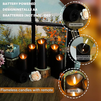 Flameless Candles with Remote, Battery Operated Flickering Flameless Candles, LED Candles with Timer 2/4/6/8H, with Realistic LED Candles Set of 12 (D2.2 x H 5" 6" 7") (Black)