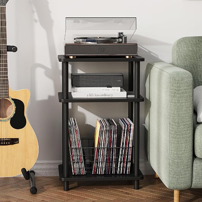 Apicizon 3 Tier Nightstand, End Table with Storage Shelf, Wooden Vinyl Record, Farmhouse Bedside Table for Small Spaces, Bedroom, Living Room, Easy Assembly, Black