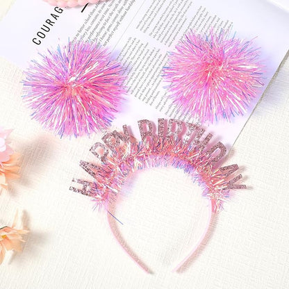 Birthday Crown for Girls and Women, Pom Pom Headband Happy Birthday Tiara Hair Headband Accessories for Adults Kids(Pink)