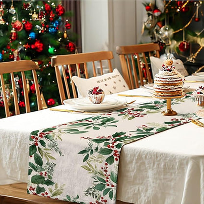 Christmas Table Runner 13x72 Inch Winter Holiday Greenery Red Berries Farmhouse Dining Table Decoration Burlap Tablecloth for Kitchen Dining Indoor Outdoor Christmas Party Home Decor