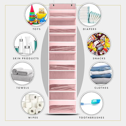 HOMELUX THEORY UPGRADED 6 Tiers Over The Door Organizer Hanging - 100D EXTRA THICK & 50lbs HUGE CAPACITY, 12 Side Mesh Pockets Over The Door Shoe Organizer, Hanging Closet Organizer (Baby Pink, 1pc)
