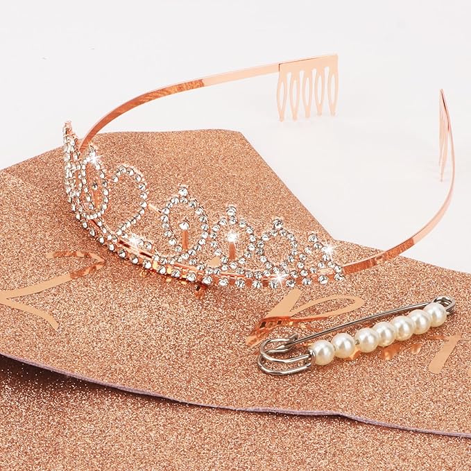 CIEHER 2nd Birthday Crown and Sash, It's My 2 Bday Sash, 2nd Birthday Decorations Rose Gold