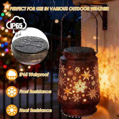 Outdoor Solar Lanterns Waterproof, 2Pack Metal Hanging Solar Lights Snow Garden Decor Birthday Gifts for Women Mom Grandma for Patio Backyard Yard Pathway Porch