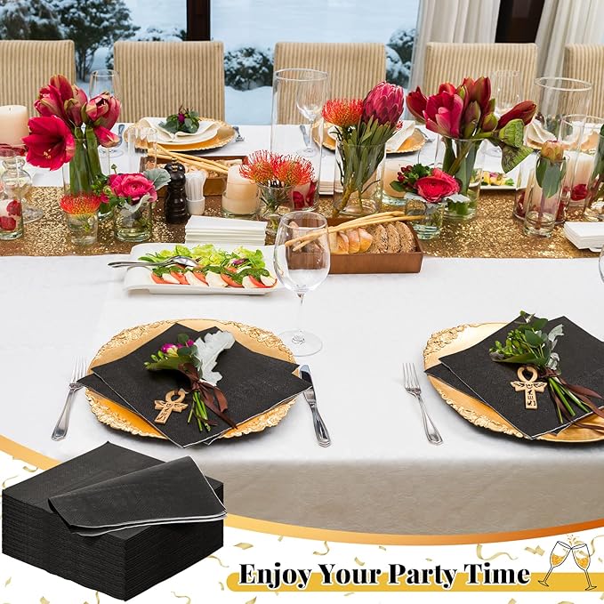 Henoyso 200 Pcs Cocktail Napkins Gold Disposable Dinner Napkins Bulk Square Paper Beverage Serviette for Graduation Wedding Party Birthday Lunch Drink Coffee Bar (Black,Gold)