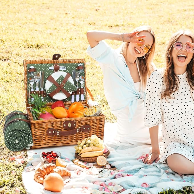 Picnic Basket for 4 Persons with Waterproof Picnic Blanket and Insulated Cooler, Large Wicker Picnic Basket for Camping, Outdoors, Valentine's Day, Christmas, Birthday, Wedding Gift