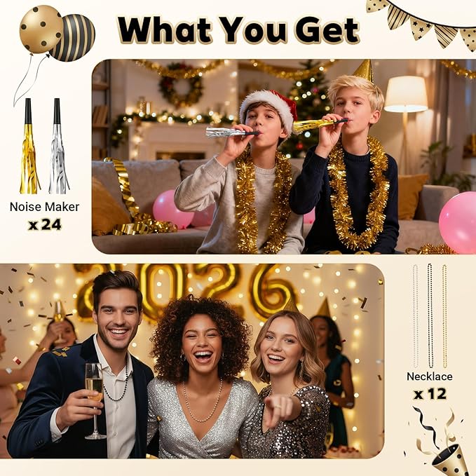 New Year Party Favors 2026, 98PCS Happy New Year Decorations & New Years Eve Party Supplies Set with Headbands, Glasses, Hats, Noise Makers, Photo Booth Props, Frame, Black Gold Party Kit